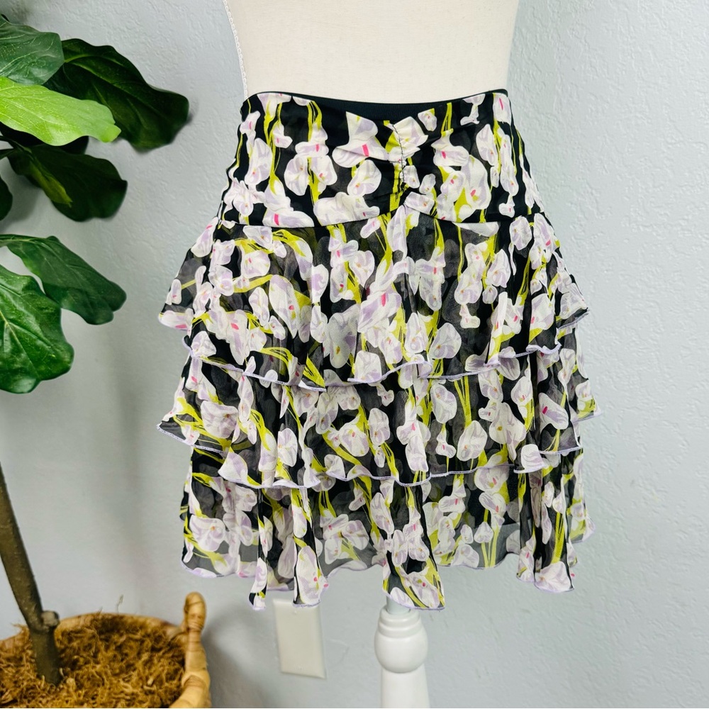 Diane Von Furstenberg Black Floral Tiered Chiffon Skirt